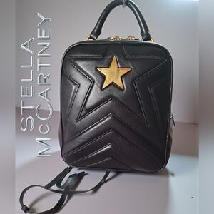 Stella McCartney Black Backpack Trumpet Gold Star Quilted Vegan Leather Preloved